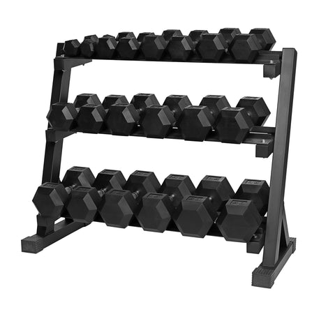 5 - 50lbs Virgin Rubber Dumbbell Set with Commercial 3-Tier Dumbbell Rack 40"