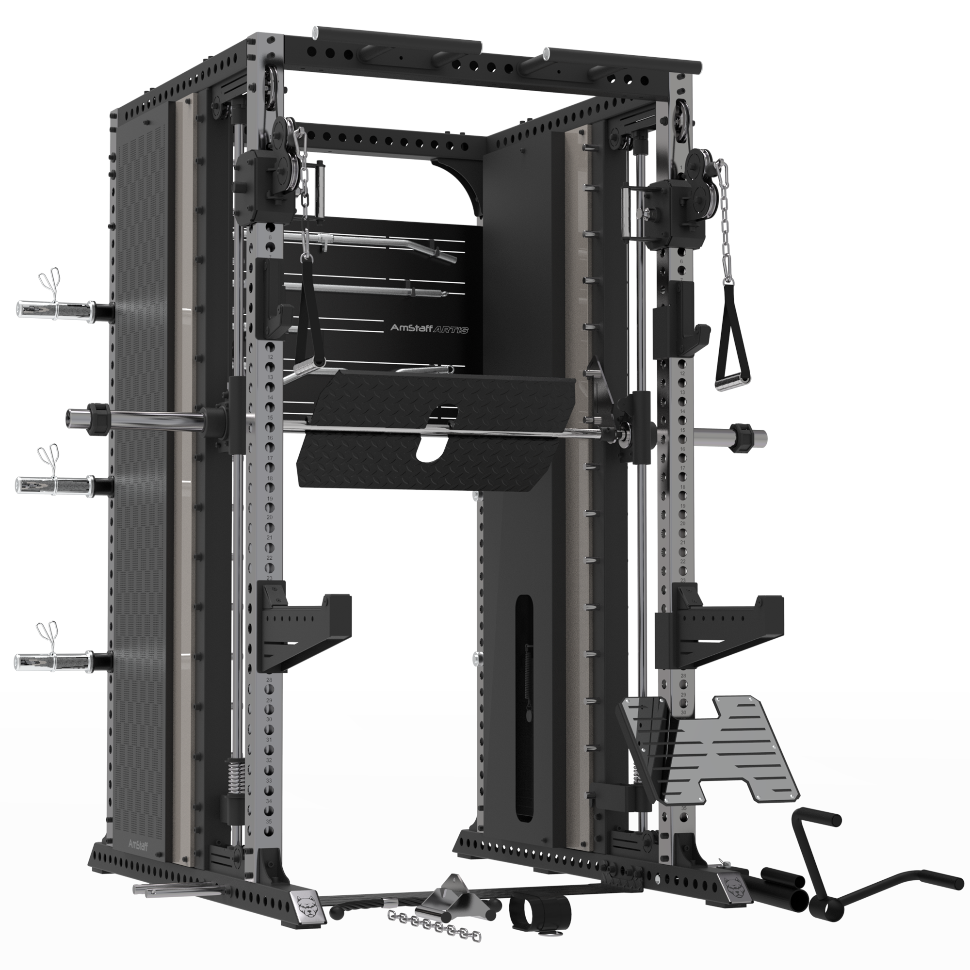 A heavy-duty black and silver Amstaff Artis Smith Machine featuring an integrated power rack, dual adjustable pulleys, pull-up handles, and various attachments including J-hooks and spotter arms.