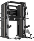 A heavy-duty black and silver Amstaff Artis Smith Machine featuring an integrated power rack, dual adjustable pulleys, pull-up handles, and various attachments including J-hooks and spotter arms.