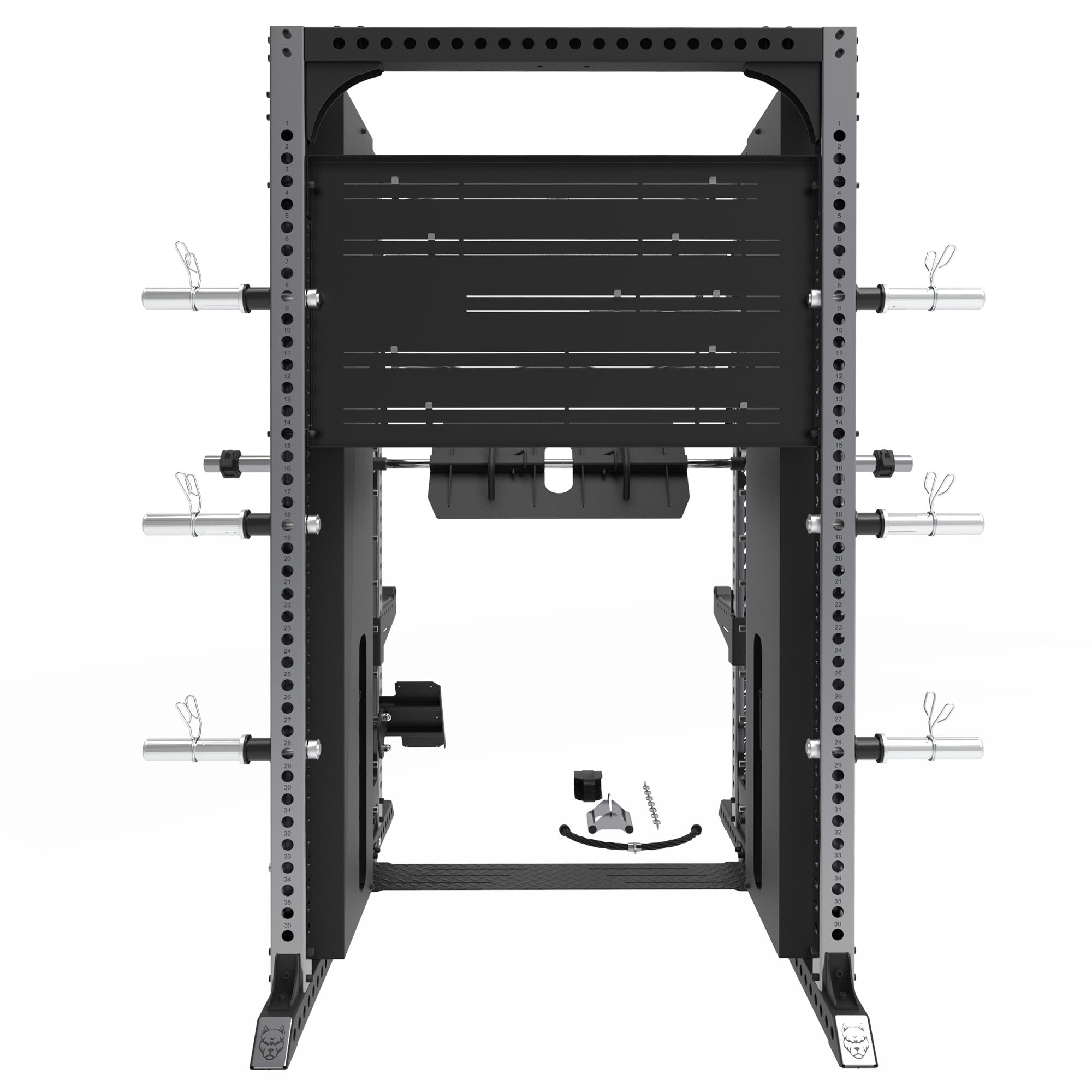 A heavy-duty black and silver Amstaff Artis Smith Machine featuring an integrated power rack, dual adjustable pulleys, pull-up handles, and various attachments including J-hooks and spotter arms.