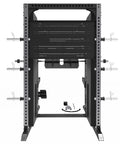 A heavy-duty black and silver Amstaff Artis Smith Machine featuring an integrated power rack, dual adjustable pulleys, pull-up handles, and various attachments including J-hooks and spotter arms.