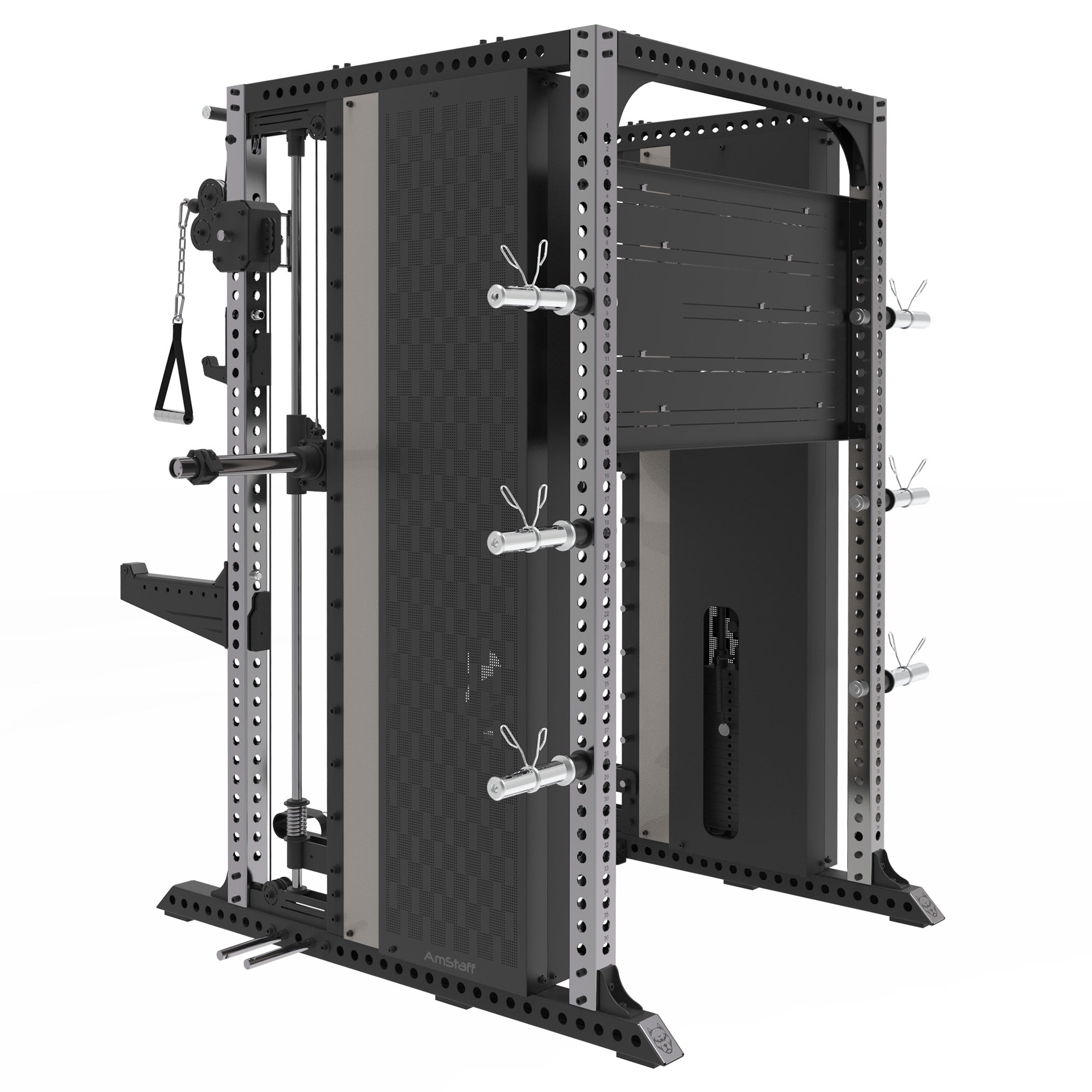 A heavy-duty black and silver Amstaff Artis Smith Machine featuring an integrated power rack, dual adjustable pulleys, pull-up handles, and various attachments including J-hooks and spotter arms.