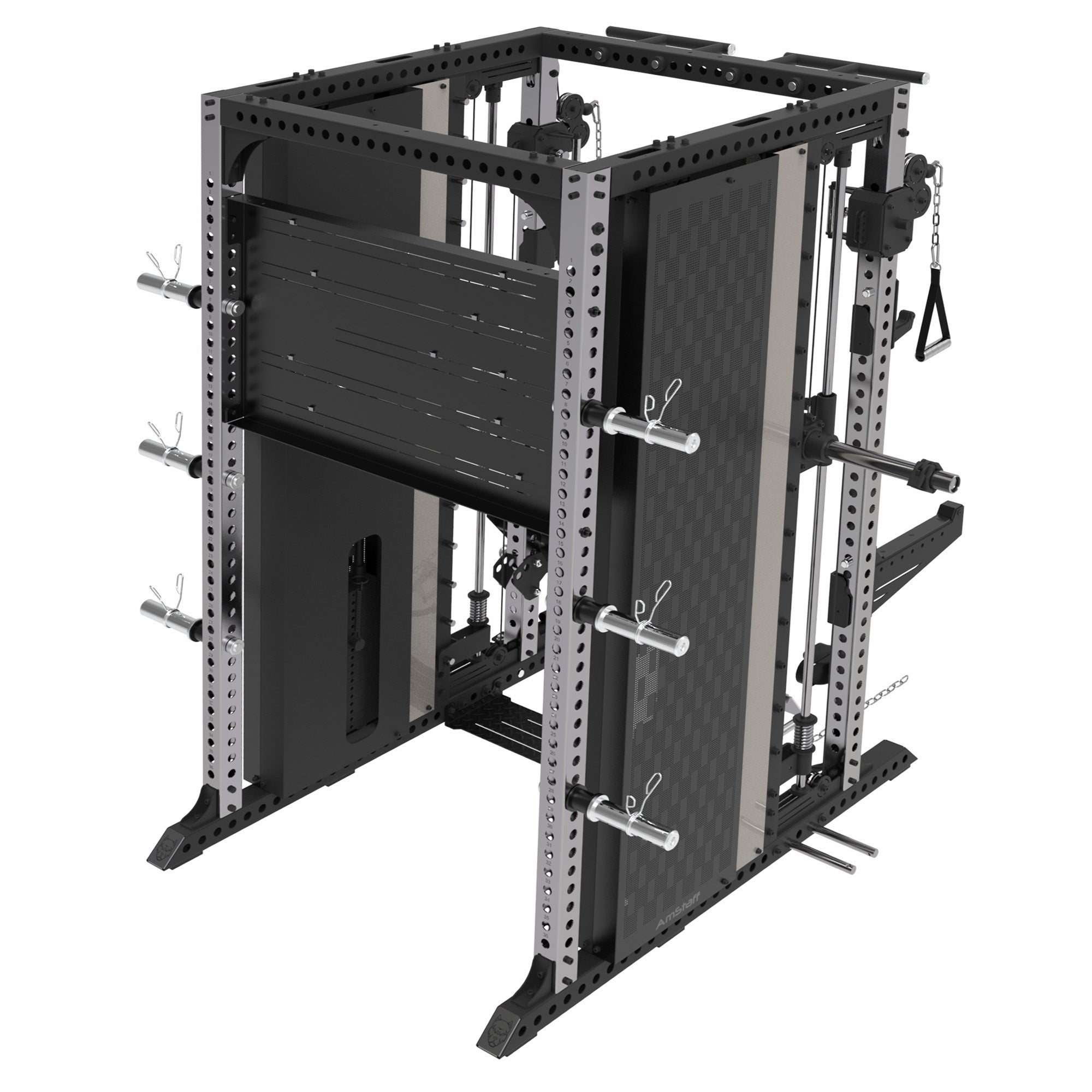 Back size of a heavy-duty black and silver Amstaff Artis Smith Machine featuring an integrated power rack, dual adjustable pulleys, pull-up handles, and various attachments including J-hooks and spotter arms.